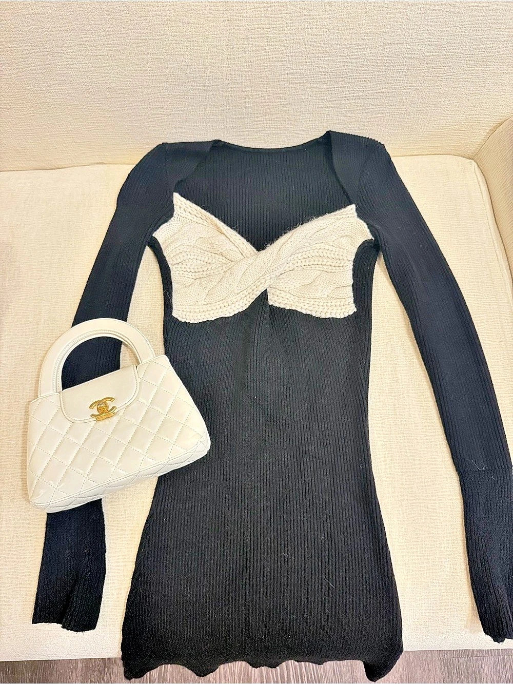 Black Ribbed Knit Mini Dress Cream Cable Knit Long Sleeve Like New